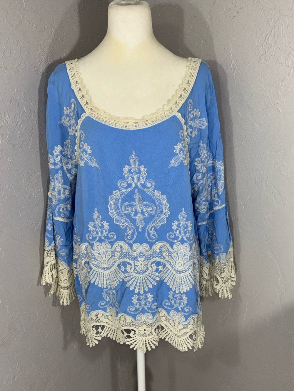 Democracy Blue Tunic with Cream Lace & Embroidery